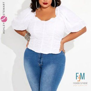 New! Plus Size Ruched Puff Sleeve Blouse 3X White